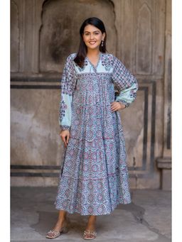 NAVYAS FASHION - Blue Block Printed Tier Long Midi Dress