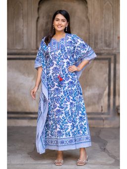NAVYAS FASHION - Blue White Floral Printed Kaftan Dress