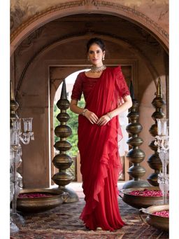 Chhavvi Aggarwal - Red Pre- Draped Frill Saree with Stitched Blouse (Set of 2)