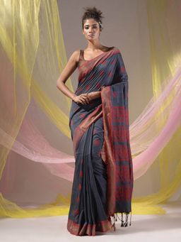 CHARUKRITI - Shadow Grey Silk Matka Soft Nakshi Pallu Saree with Unstitched Blouse