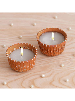 eCraftIndia - Brown Hand Painted Terracotta Soy Wax Mini Scented Candles Set of 2 Brown