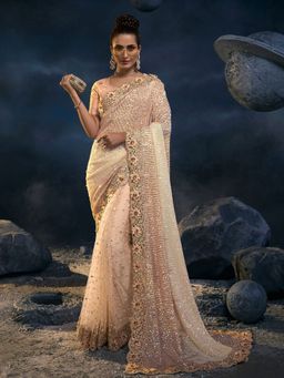 Odette - Peach Net Sequins Embroidered Saree with Unstitched Blouse