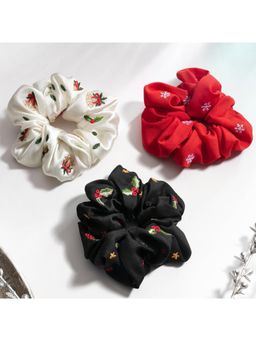 MasQ - Women's Silk Winter Embroidered Scrunchies (Pack of 3)