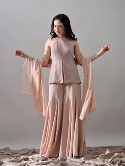 KELIN - Mauve Riva Embellished Mesh Georgette Kurti with Sharara and Dupatta