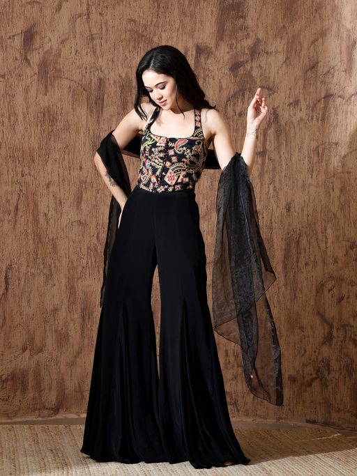 KELIN Black Kesha Indo-Western Crepe Corset with Sharara and Dupatta