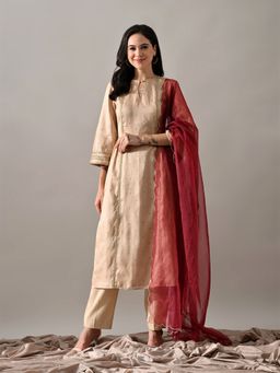 KELIN - Beige Aarvi Ethnic Chanderi Kurta with Pant and Dupatta