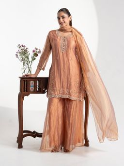 Label S4U - Peach Crushed Tissue Handwork Kurta with Palazzo and Dupatta