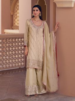 Label S4U - Beige Brocade Gota Work Kurta with Sharar and Dupatta