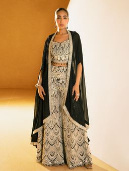 Label S4U - Ivory and Black Georgette Embroidered Bustier with Palazzo and Cape