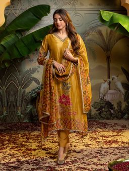 Label S4U - Mustard Tissue Handwork Anarkali Kurta with Pant and Dupatta