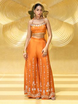 Label S4U - Orange Dola Silk Embellished Bustier with Palazzo and Dupatta