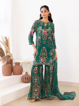 Label S4U - Green Floral Printed Crepe Kurta with Sharara and Dupatta