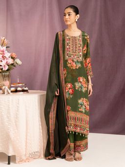Label S4U - Olive Floral Printed Kurta with Palazzo and Dupatta