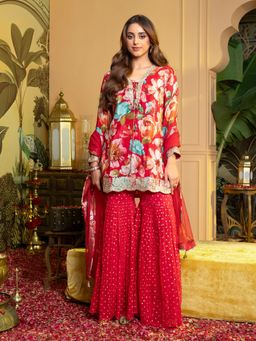 Label S4U - Red Floral Printed Kurta with Sharara and Dupatta
