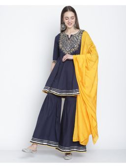 Rajnandini - Navy Blue Pure Cambric Cotton Floral Embroidered Kurta With Dupatta (Set of 3)
