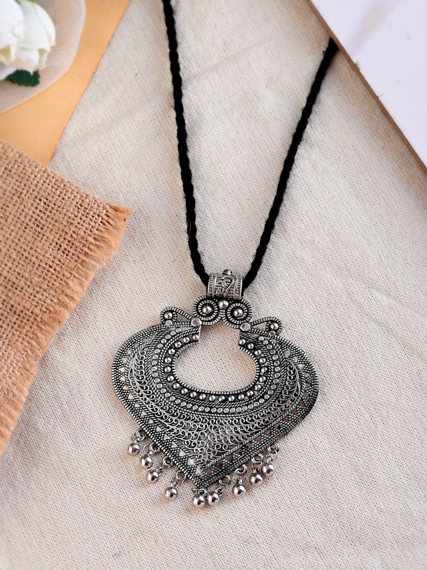 Buy Shoshaa Silver-Plated Oxidised Black Thread Long Necklace Online