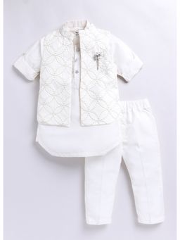 Little Collars - Thread Work Embroidered Kurta Pajama Jacket for Boys - Cream (Set of 4)