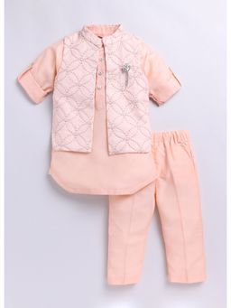 Little Collars - Thread Work Embroidered Kurta Pajama Jacket for Boys - Peach (Set of 4)