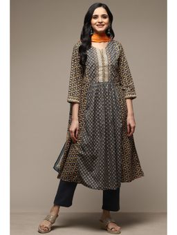 Biba - Grey Cotton Gathered Kurta Pant (Set of 3)