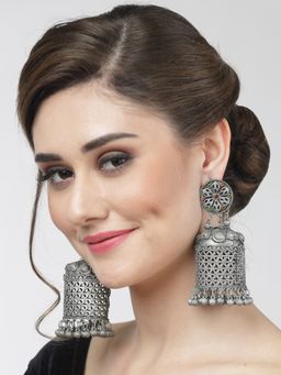 Moedbuille - Crystals Studded Antique Tribal Design Oxidised Silver Plated Handcrafted Jhumkas