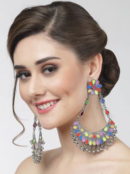 Moedbuille - Mirror Work Afghan Tribal Design Oxidised Silver Plated Handcrafted Tassel Chandbalis