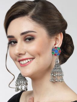 Moedbuille - Mirror Work Floral Afghan Design Oxidised Silver Plated Hancrafted Filigree Jhumkas