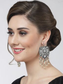 Moedbuille - Crystals & Pearls Studded Afghan Design Oxidised Silver Plated Tassell Drop Earrings