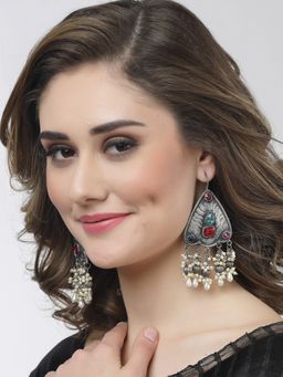 Moedbuille - Crystals & Pearls Studded Afghan Design Oxidised Silver Plated Tassell Drop Earrings