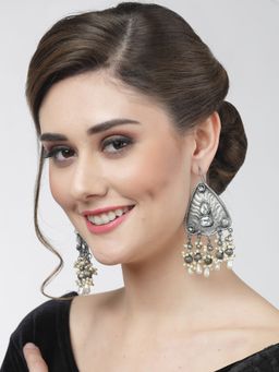 Moedbuille - Crystals & Pearls Studded Afghan Design Oxidised Silver Plated Tassell Drop Earrings