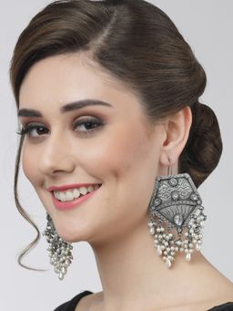 Moedbuille - Crystals & Pearls Studded Afghan Design Oxidised Silver Plated Handcrafted Tassell Studs