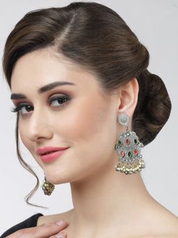 Moedbuille - Crystals Ghungroo & Pearls Studded Antique Design Oxidised Silver Plated Chandbalis