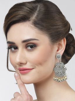 Moedbuille - Crystals Ghungroo & Pearls Studded Antique Design Oxidised Silver Plated Chandbalis