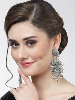 Moedbuille - Crystals Ghungroo & Pearls Studded Antique Design Oxidised Silver Plated Tassel Earrings