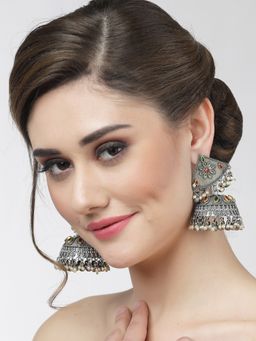 Moedbuille - Crystals Ghungroo & Pearls Studded Antique Design Oxidised Silver Plated Tassel Jhumkas