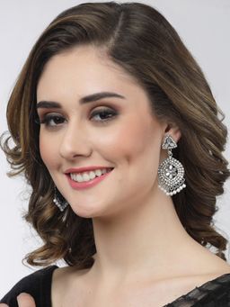 Moedbuille - Crystals Studded Antique Design Oxidised Silver Plated Drop Earrings