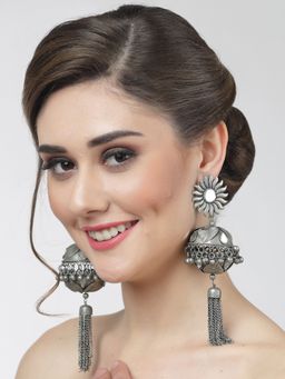 Moedbuille - Mirrors Studded Antique Design Oxidised Silver Plated Handcrafted Tasselled Earrings