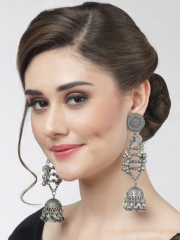 Moedbuille - Ghungroo Studded Antique Design Oxidised Silver Plated Handcrafted Tasselled Jhumkas