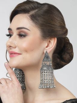 Moedbuille - Handcrafted Mirror Studded Antique Tribal Design Oxidised Silver Plated Tassel Jhumkas