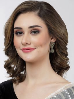 Moedbuille - Handcrafted Peacock Shape Antique Temple Design Oxidised Gold Plated Filigree Jhumkas