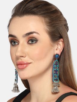 Moedbuille - Beads & Mirror Afghan Tribal Design Oxidised Silver Plated Handcrafted Tasselled Jhumkas