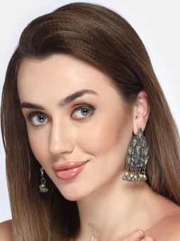 Moedbuille - Kundan & Pearls Studded Temple Design Oxidised Silver Plated Ganesha Drop Earrings