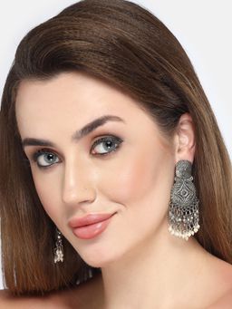 Moedbuille - Ghungroo & Pearls Tasselled Design Oxidised Silver Plated Handcrafted Antique Earrings