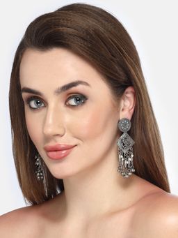 Moedbuille - Ghungroo & Pearls Tasselled Filigree Design Oxidised Silver Plated Antique Earrings