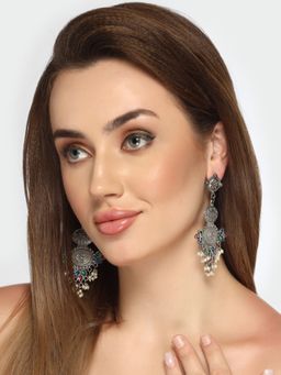 Moedbuille - Crystals & Pearls Tasselled Design Oxidised Silver Plated Handcrafted Antique Earrings