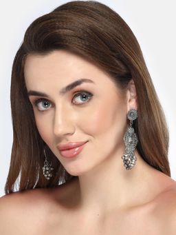 Moedbuille - Ghungroo & Pearls Tasselled Tribal Design Oxidised Silver Plated Antique Earrings