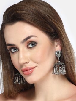 Moedbuille - Handcrafted Tribal Tasselled Design Oxidised Silver Plated Antique Jhumkas