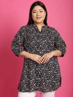 theRebelinme - Plus Size Womens Black Small Floral Printed Tunic