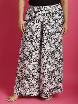 theRebelinme - Plus Size Womens Black White Floral Print High-Rise Relaxed Palazzo