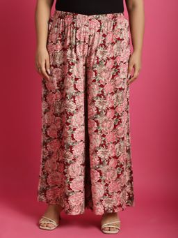 theRebelinme - Plus Size Womens Maroon Rose Floral Print High-Rise Relaxed Palazzo