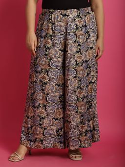 theRebelinme - Plus Size Womens Navy Rose Floral Print High-Rise Relaxed Palazzo